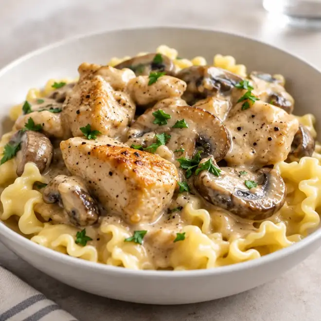 Pâtes crémeuses au poulet et aux champignons