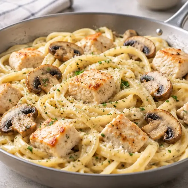Pâtes crémeuses au poulet et champignons faciles