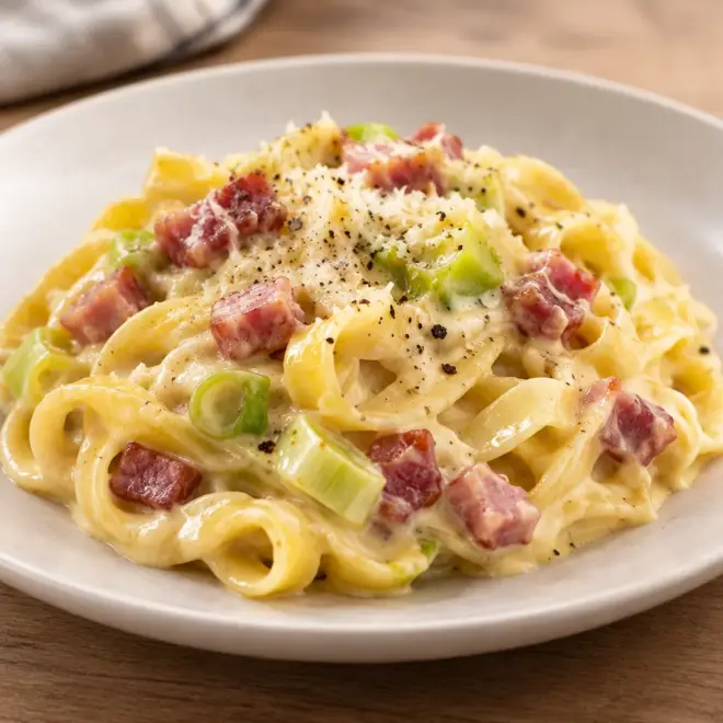 Pâtes crémeuses aux poireaux et au bacon