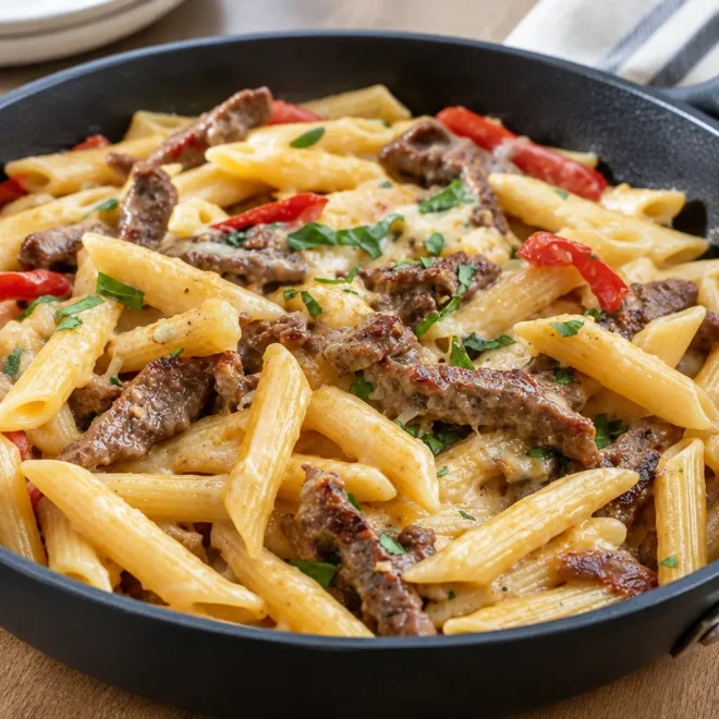 Pâtes Philly Cheesesteak faciles et crémeuses