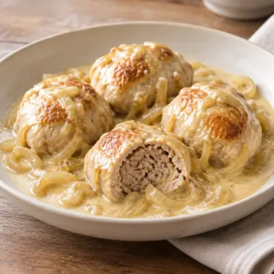 Paupiettes de porc à la crème et aux oignons