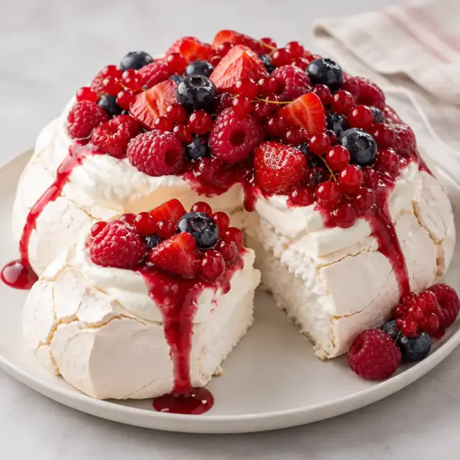 Pavlova aux fruits rouges, croquante et moelleuse