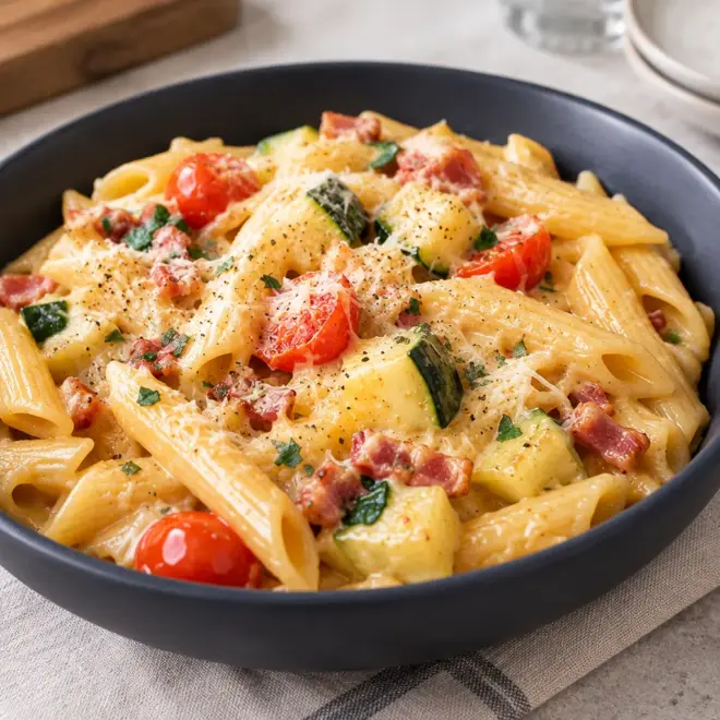Penne crémeuses : recette courgettes et bacon