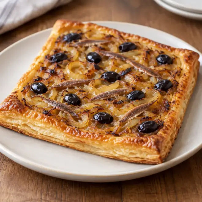 Pissaladière niçoise, fondante et croustillante