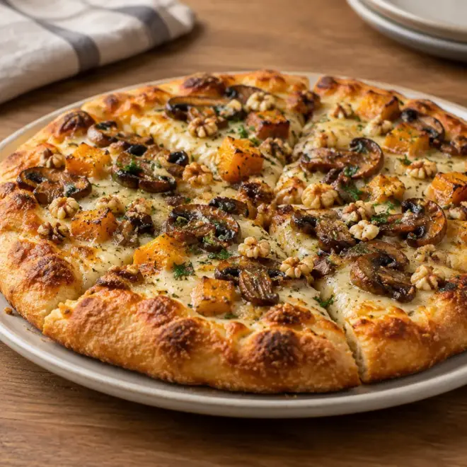 Pizza épaisse maison à la courge et aux champignons