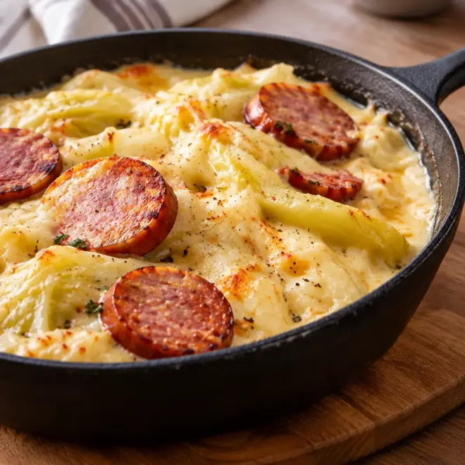 Poêlée crémeuse de chou et saucisse facile