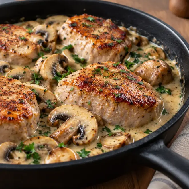 Poêlée crémeuse de porc aux champignons facile