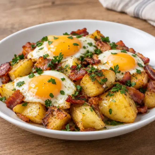 Poêlée de pommes de terre aux lardons, œuf coulant