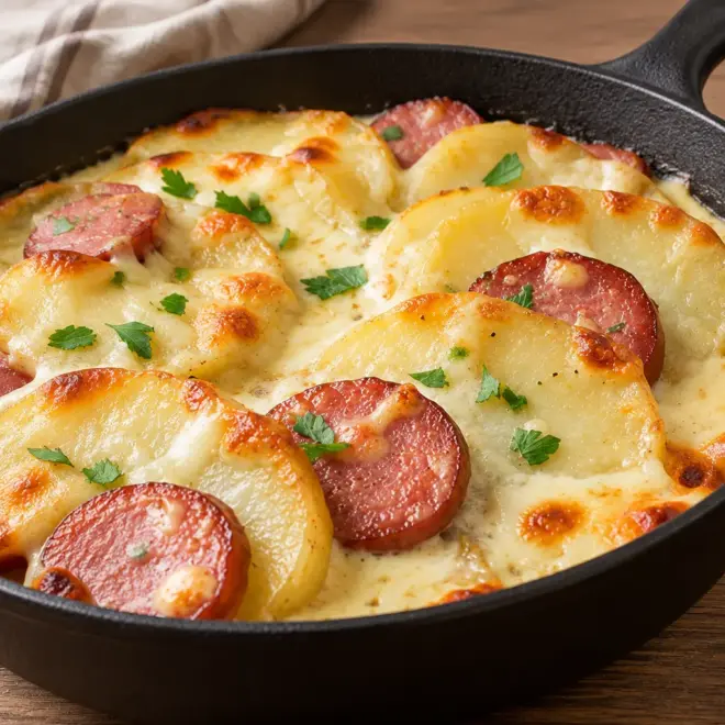 Poêlée de pommes de terre et saucisse, crémeuse et gratinée