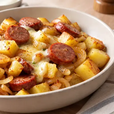 Poêlée de pommes de terre, saucisse et fromage