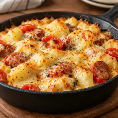 Poêlée de pommes de terre, saucisses et fromage