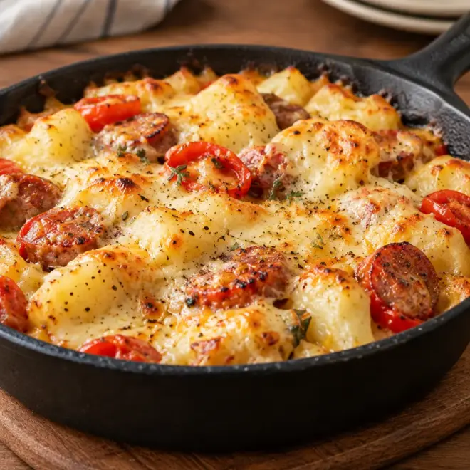 Poêlée de pommes de terre, saucisses et fromage
