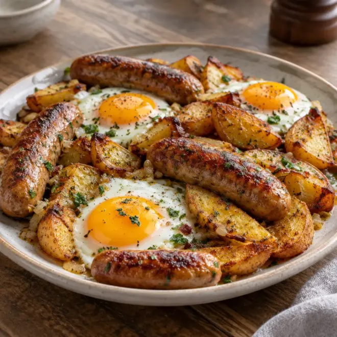 Poêlée de saucisses, pommes de terre et œufs dorée