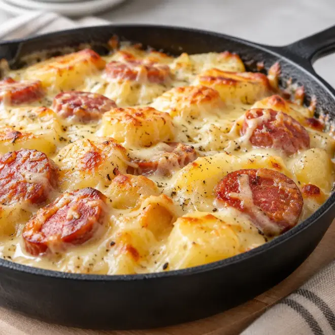 Poêlée gratinée pommes de terre saucisse facile