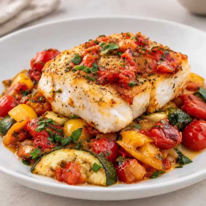 Poisson blanc poêlé, doré sur légumes fondants