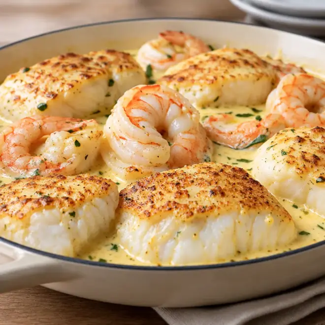 Poisson et crevettes recette crémeuse à l’ail