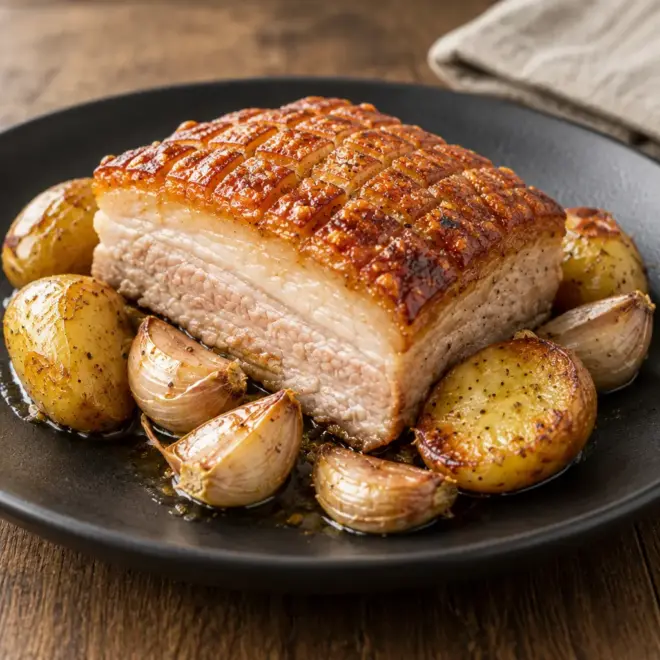 Poitrine de porc rôtie, couenne croustillante et chair fondante