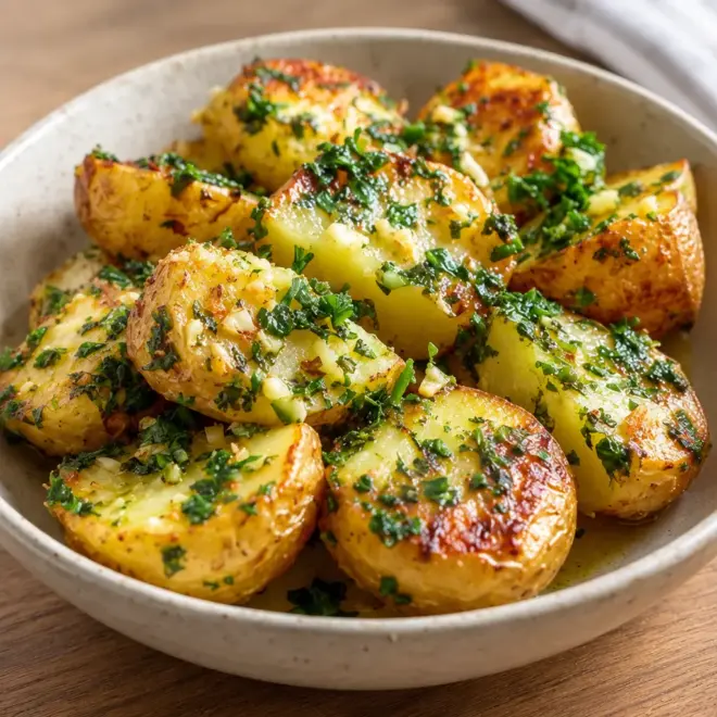 Pommes de terre à l’ail et au beurre, dorées au four