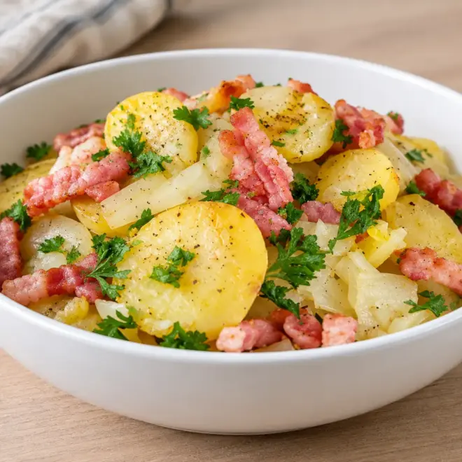 Pommes de terre au bacon et aux oignons, fondantes et dorées