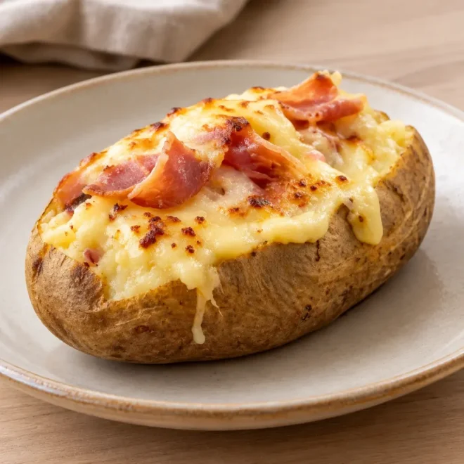 Pommes de terre farcies au jambon et fromage