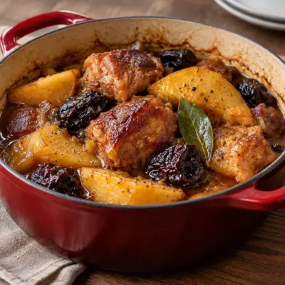 Porc braisé aux coings et aux pruneaux facile