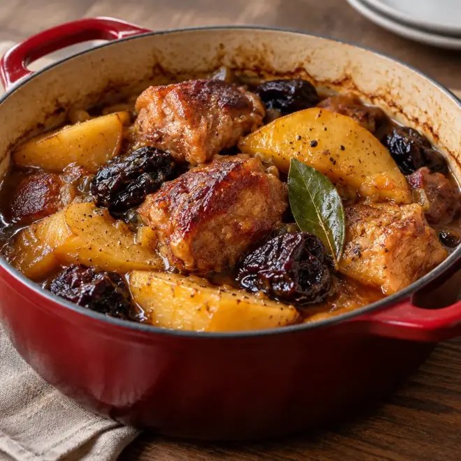 Porc braisé aux coings et aux pruneaux facile