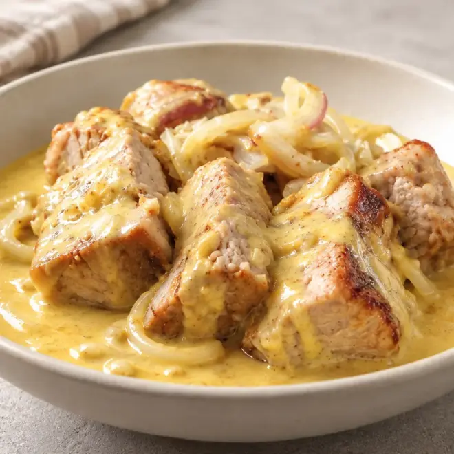 Porc crémeux à la moutarde, fondant et bien doré