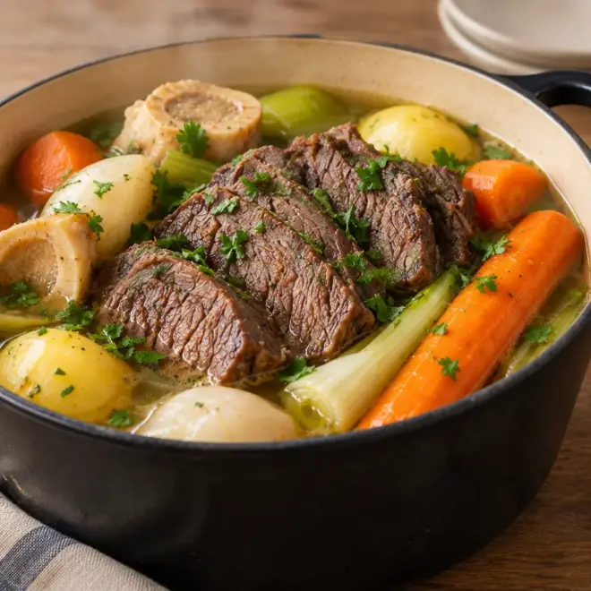 Pot-au-feu fondant, bouillon clair et légumes moelleux
