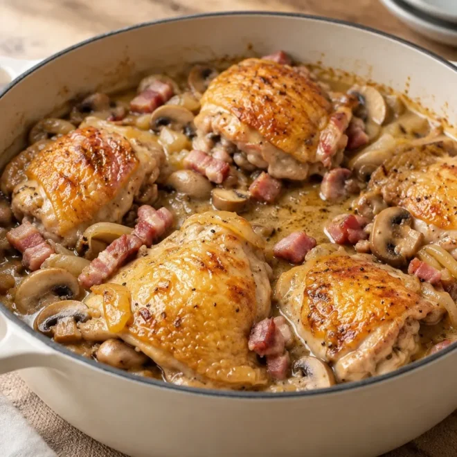 Poulet à la bière, sauce brillante et champignons