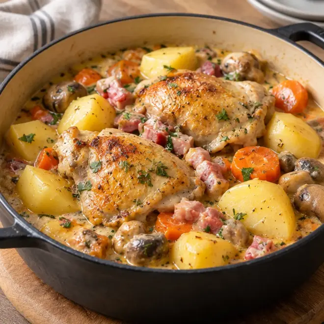 Poulet au cidre et à la crème, fondant et doré