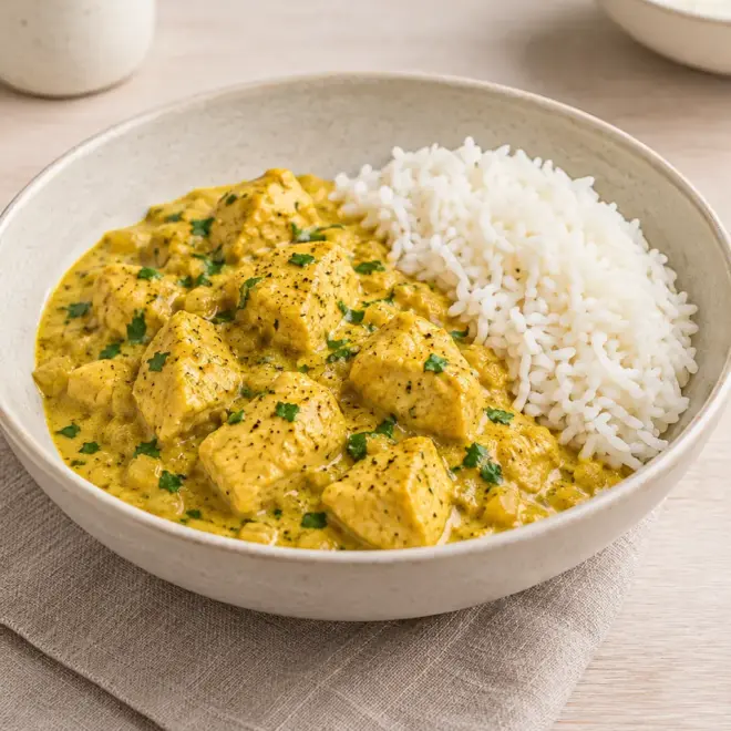 Poulet au curry, sauce crémeuse et riz blanc