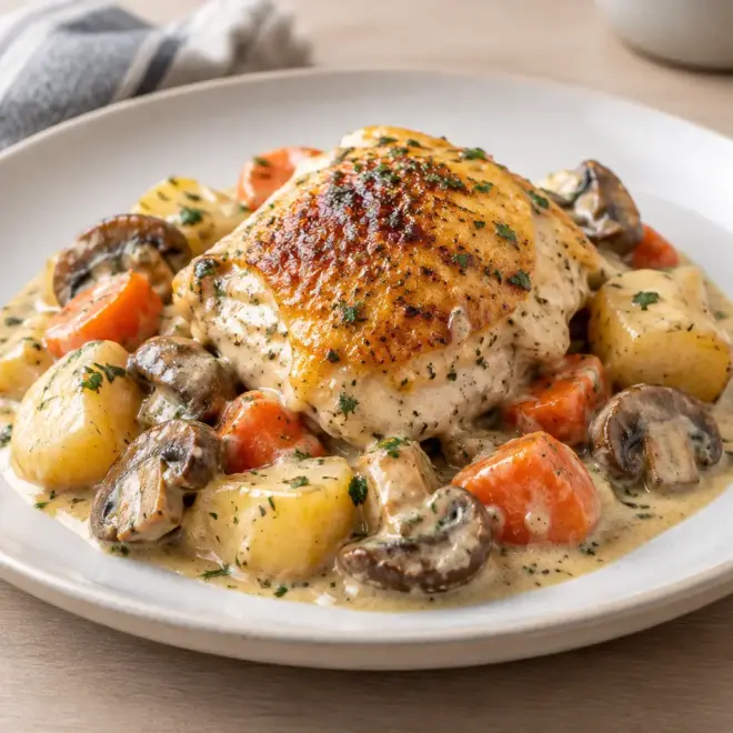 Poulet au four crémeux, pommes de terre et légumes