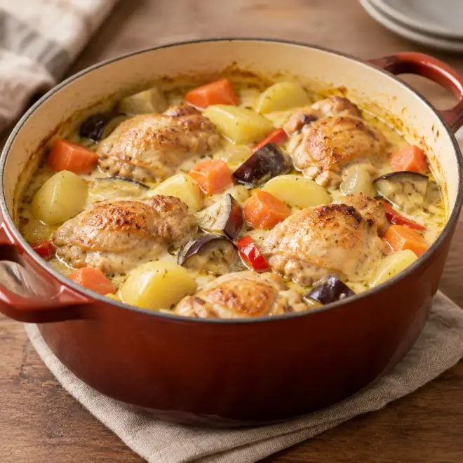 Poulet aux légumes à la crème facile en cocotte