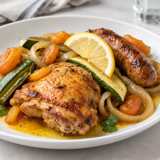 Poulet aux saucisses, courgettes et abricots