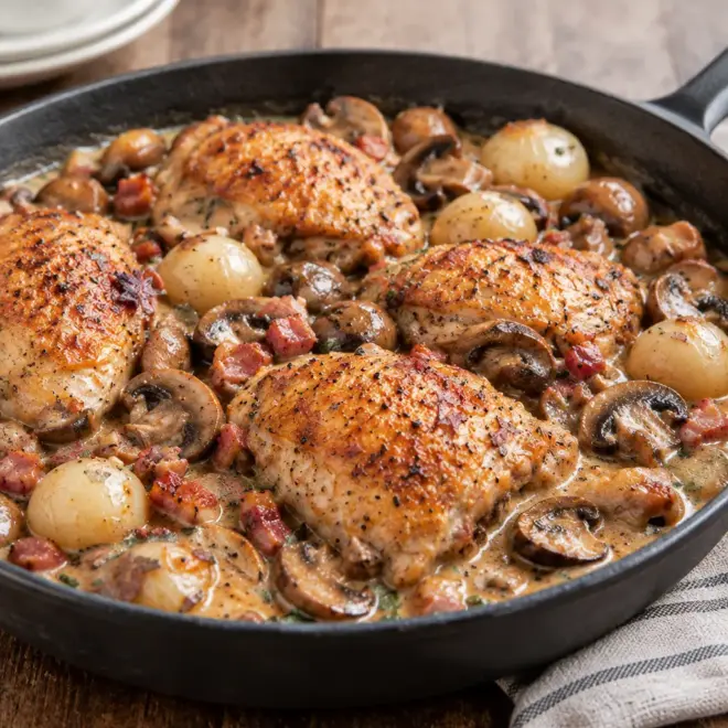 Poulet braisé recette aux champignons et oignons