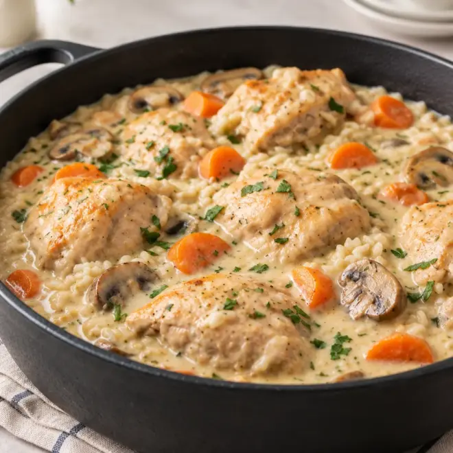Poulet crémeux au riz, recette facile en cocotte