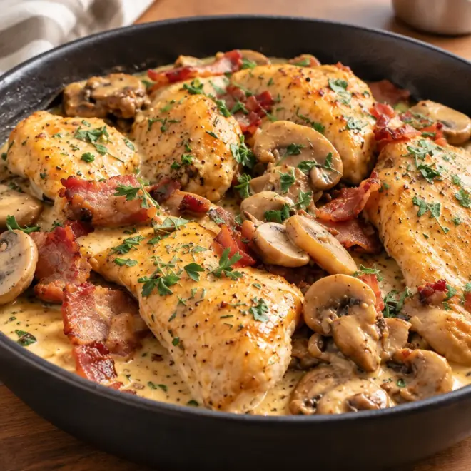 Poulet crémeux aux champignons, sauce lisse et bacon doré