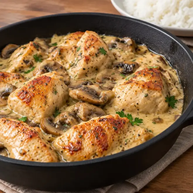 Poulet crémeux aux champignons, sauce onctueuse et riz