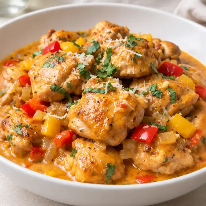 Poulet crémeux aux poivrons facile en cocotte