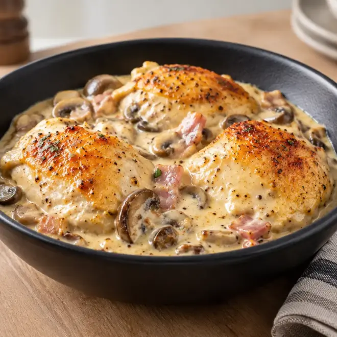 Poulet crémeux recette aux champignons et lardons