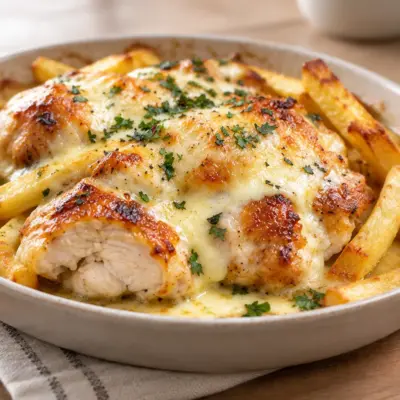 Poulet gratiné : recette facile avec frites