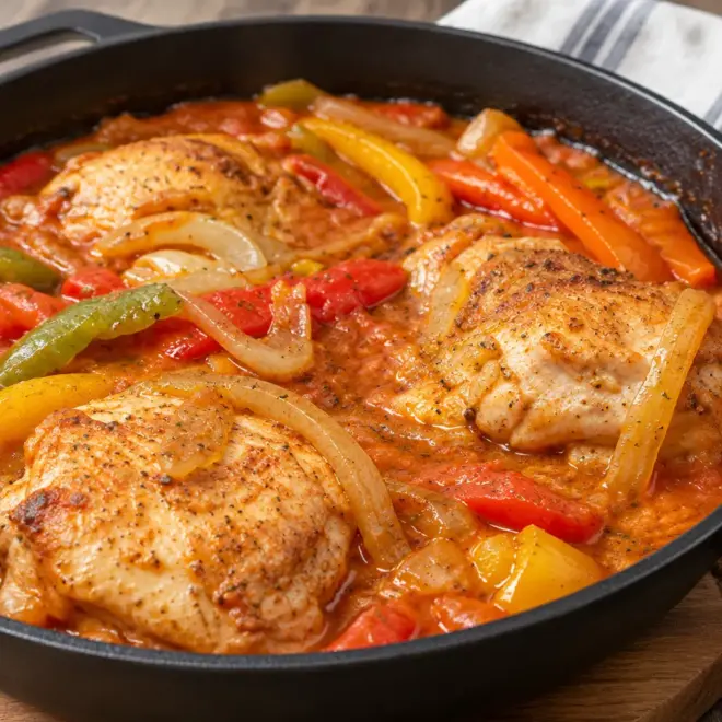 Poulet mijoté aux poivrons, sauce brillante et fondante