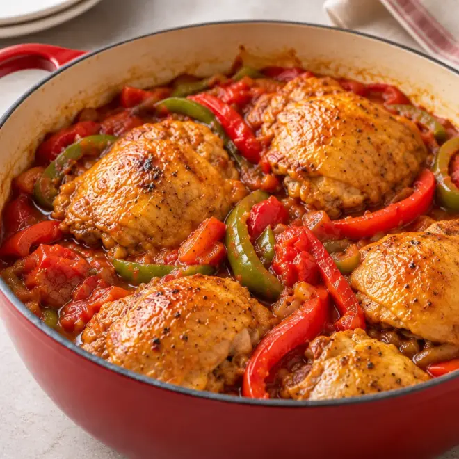 Poulet mijoté aux poivrons, recette facile
