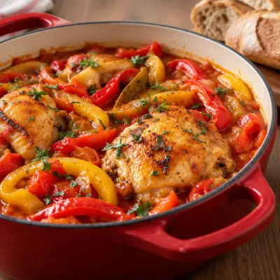 Poulet mijoté recette aux poivrons et tomates