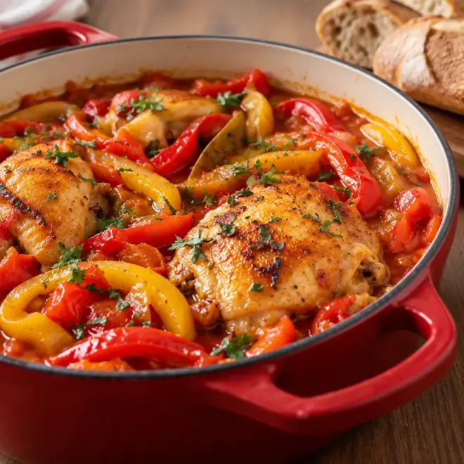 Poulet mijoté recette aux poivrons et tomates