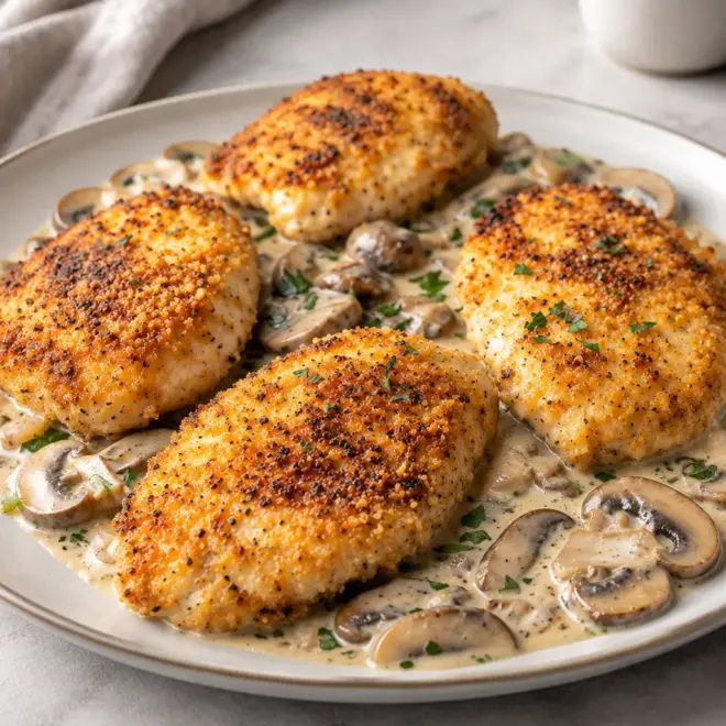 Poulet pané aux champignons facile et crémeux