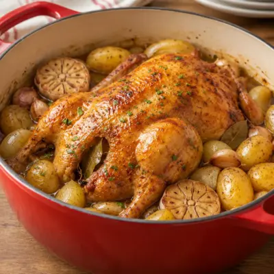 Poulet rôti recette aux pommes de terre et à l’ail