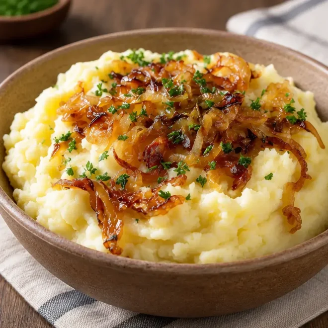 Purée de pommes de terre facile et oignons dorés