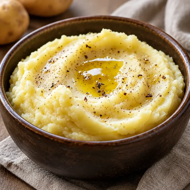 Purée de pommes de terre à l’huile d’olive, rustique et moelleuse