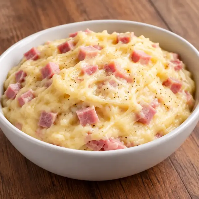 Purée de pommes de terre au jambon et fromage
